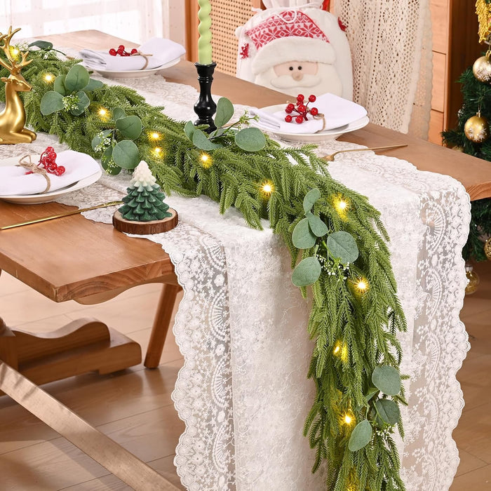 Waipfaru Christmas Norfolk Pine Garland with Lights，6FT Real Touch Pine Garland Christmas Decoration，Artificial Faux Cedar Garland for Christmas Table Fireplace Mentle Wall Home Decoration