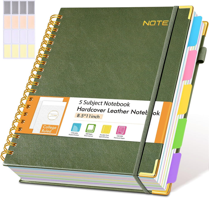 Hardcover Spiral Notebook Journal with Removable Dividers Tabs, 300 Pages Leather 5 Subject Notebook College Ruled, 8"x10" Large B5 Notebooks for Work School Note taking, Lined Journal for Women, Pink