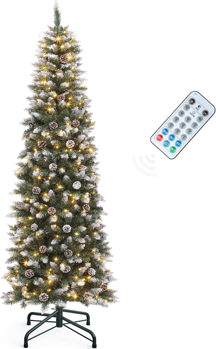 YITAHOME Pre-Lit Artificial Pencil Christmas Tree 6 FT with Remote, Fraser Fir, Slim Green Christmas Tree with 700 Branch Tips and 200 Lights
