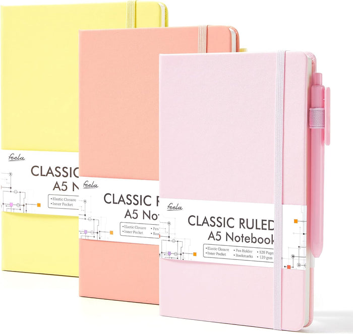 feela 3 Pack Notebooks Journals Bulk with 3 Black Pens, A5 Hardcover Notebook Classic Ruled Lined Journal Set with Pen Holder for Work Business Journaling Note Taking, 120 GSM, 5.1”x8.3”, Gray