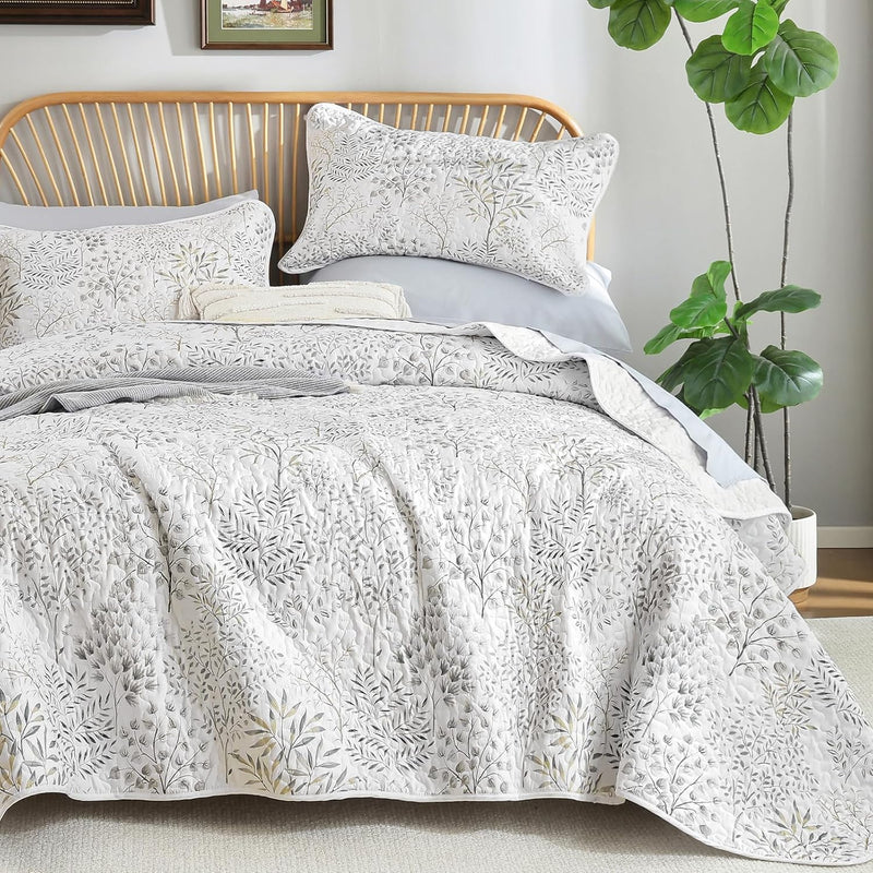 WONGS BEDDING Gray Quilt Set King Size, Botanical Print Bedspread Coverlet Set, Soft Lightweight Farmhouse Floral Quilt Bedding Set for All Season (104"x90")