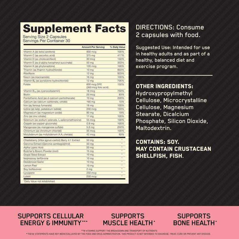 Optimum Nutrition Opti-Women Daily Multivitamin for Women, Immune Support Supplement With Iron, 30 Day Supply, 60 Count, (Packaging May Vary)