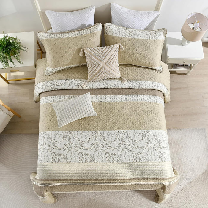 100% Cotton Oversized Quilt 120"x120", Extra Large King Bedspread, Farmhouse Botanical Bed Spreads Coverlet, Lightweight Quilted Bedding Cover, 3 Piece, Grayish Blue/Beige