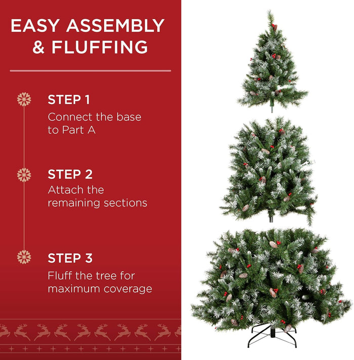 Best Choice Products Christmas Tree Pre-Lit, Pre-Decorated Artificial 7.5ft Frosted Pine Holiday Decoration w/Frosted Tips, Pine Cones, Berries
