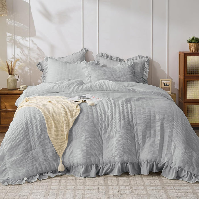 JOLLYVOGUE Dark Green Comforter Full Size, 3 Pieces Seersucker Lightweight Full Size Bedding, All Season Fluffy Microfiber Bedding Comforter Set with 1 Ruffle Comforter and 2 Ruffle Pillowshams
