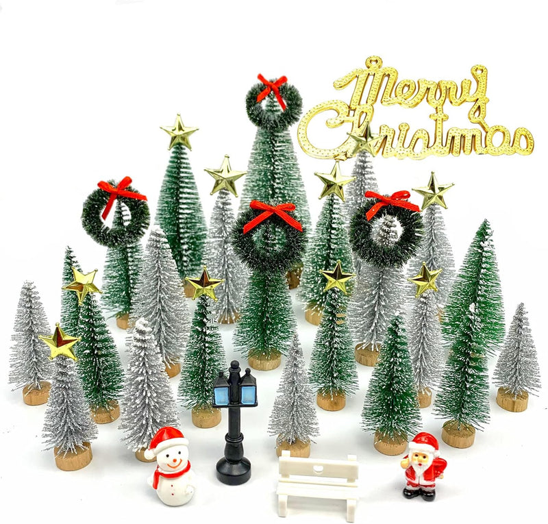 Desktop Miniature Christmas Trees Mini Pine Tree 5pcs with Snow and Wood Base for Xmas Holiday Party Home Tabletop Decor