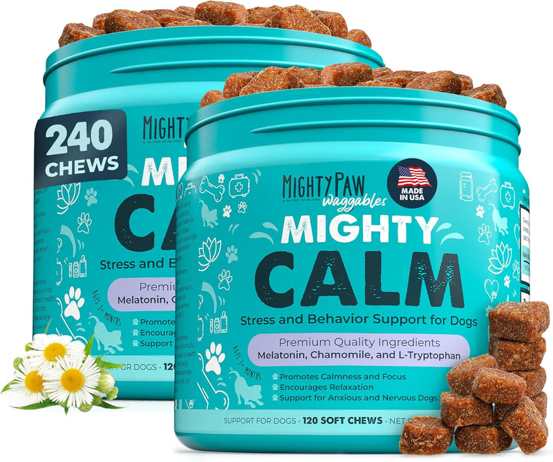 Mighty Paw Calming Chews for Dogs with Melatonin - Vet Formulated Dog Sleep Aid - Puppy & Large Pet Treats - Waggables Calm -Composure Calming Chews for Stress & Relaxation, 120 Count (Made in USA)