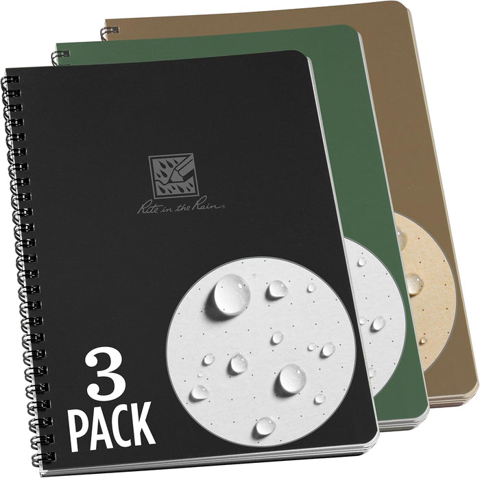 Rite in the Rain Weatherproof Side Spiral Notebook, 6.625" x 8.5", Black, Tan, and Green Covers, Dot Grid Pattern, 3 Pack (No. TAC3DG-LG)