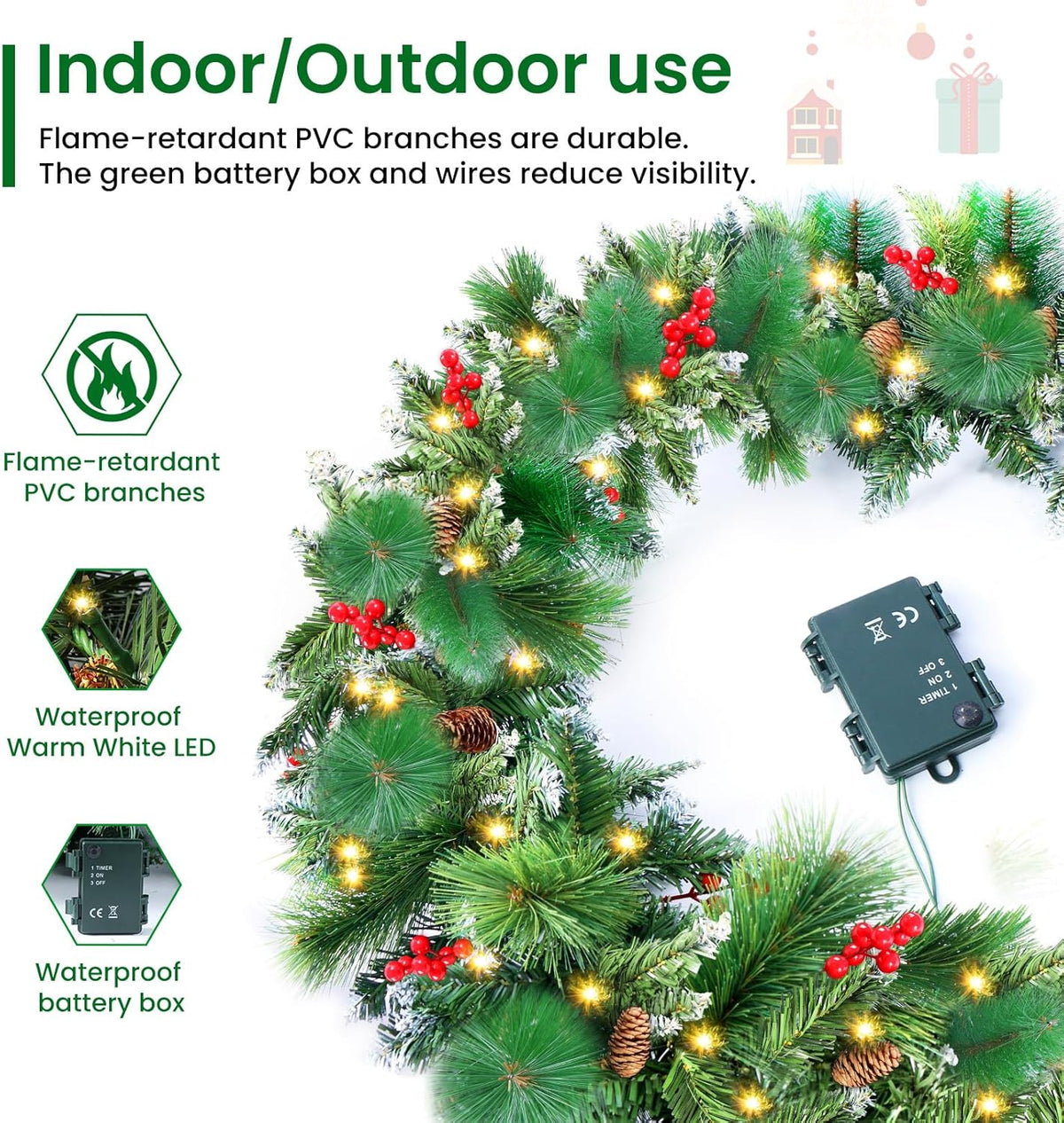 Christmas Garland with Lights, 50 LEDs 9FT Prelit Garland Battery Operated Outdoor Indoor Christmas Decorations Lighted Garland for Stairs Railing Fireplace Mantle Front Door Home Holiday Decor