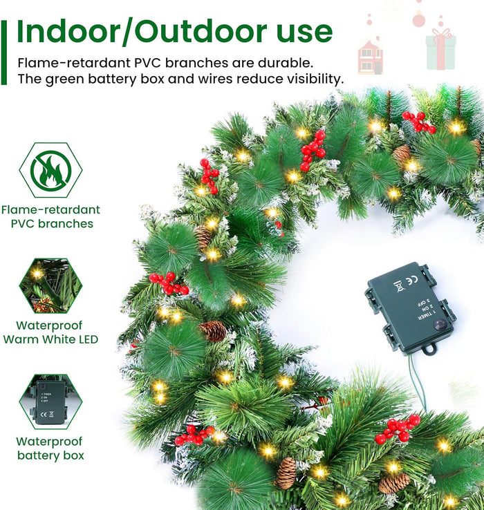 Christmas Garland with Lights, 50 LEDs 9FT Prelit Garland Battery Operated Outdoor Indoor Christmas Decorations Lighted Garland for Stairs Railing Fireplace Mantle Front Door Home Holiday Decor