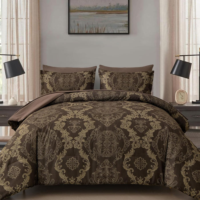 WONGS BEDDING Black Comforter Set King Size, Gold Damask Texture 7 Pieces Bed in a Bag Microfiber Comforter Bedding Sets -1 Comforter, 1 Flat Sheet, 1 Fitted Sheet, 2 Pillow Shams, 2 Pillowcases