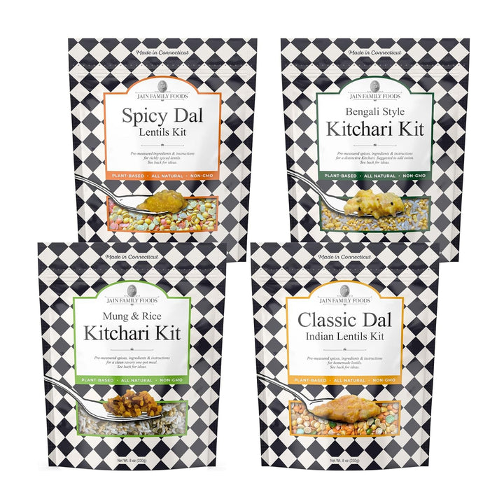 Jain Family Foods Mung Rice Khichdi Kitchari Kit | Authentic Indian Meal Kit with Spiced Yellow Lentils | Plant Based, Gluten-Free, High Fiber | Easy One Pot Dinner, Instant Pot Friendly | Serves 3