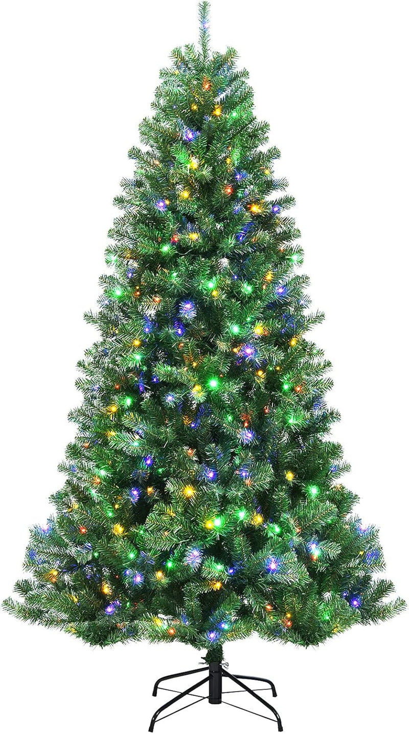Goplus 7ft Pre-Lit Christmas Tree, Artificial Hinged Xmas Tree with 250 Warm White LED Lights, 8 Lighting Modes & Gloves, 830 PVC Branch Tips, for Home Office Decoration