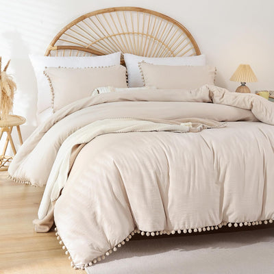 YIRDDEO Queen Comforter Set - Comforter Queen Size Sets with Ball Pom Fringe, Soft Bedding Set for All Seasons - 3 Pieces, 1 Comforter (90"x90") & 2 Pillow Shams (20"x26"), Beige