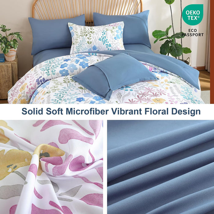 Xruibed Queen Comforter Set 7 Pieces, Blue Floral Bedding Set, Bed in a Bag Queen with Botanical Flowers Patterns, Soft Microfiber Complete Bedding Set with Sheets for All Season