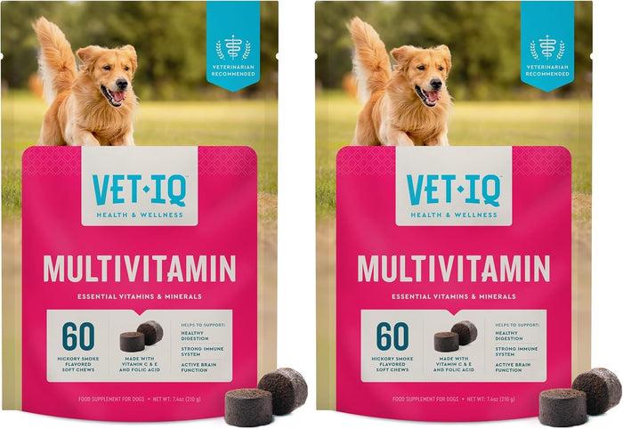 VetIQ Multivitamin Supplement for Dogs, Supports Active Brain Function, Immune System, and Digestive System, Hickory Smoke Flavored Dog Multivitamin, Made in The USA, 60 Count