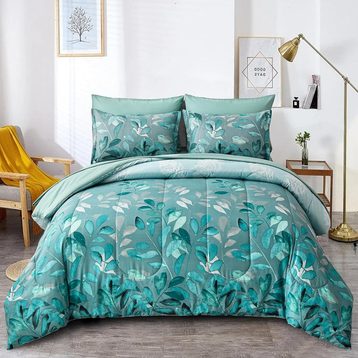 Blue Floral Comforter Set Queen Size 7 Piece Navy Botanical Gradient Leaves Ultra Soft Microfiber Down Alternative Bedding Set Lightweight Reversible Boho Bed Comforter Set for All Season 90" x 90"