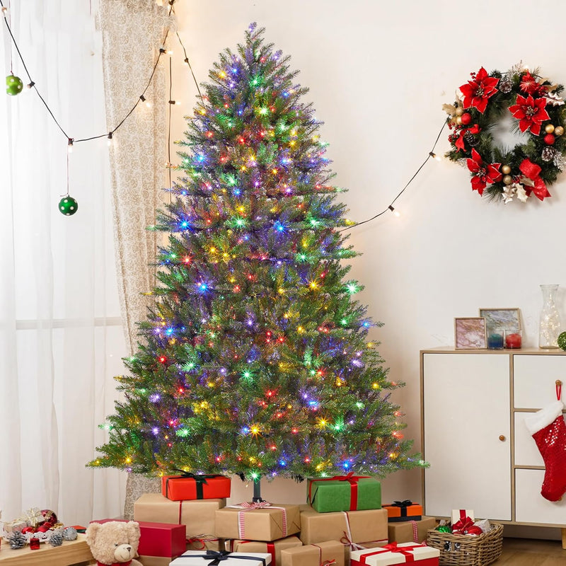 7.5ft Prelit Flocked Pencil Christmas Tree with Lights, Slim Artificial Xmas Tree with Snowy Branch Tips & Sturdy Metal Stand for Indoor Holiday or Party Decor