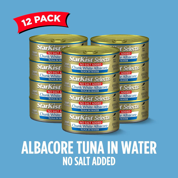StarKist Selects No Salt Added Chunk White Albacore Tuna in Water, 4.5 oz (12 Pack) Canned Tuna Fish, Wild Caught, Gluten Free, Ready to Eat, Perfect for Salads, Keto Meals & Snacks, 30g Protein