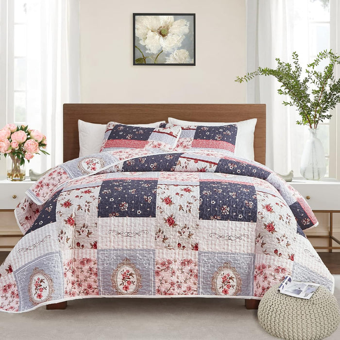 Patchwork Quilt Set Full/Queen Size, 3 Pieces Green Floral Plaid Summer Bedspread Coverlet Set, Soft Microfiber Reversible Lightweight Bed Cover for All Season (90" x 90", 1 Quilt+ 2 Pillow Shams)