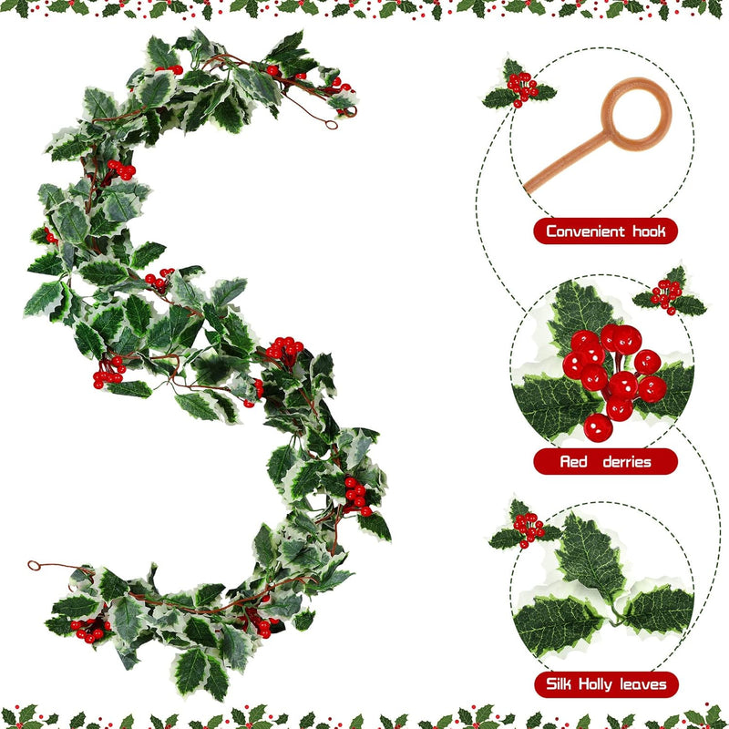 9 Pcs Holly Garland with Berries Set Includes 5.7 ft Christmas Red Berry Garland Decoration with Hooks Green Leaves Winter Outdoor Vines for Stairs Mantel Table Fireplace Home Decor