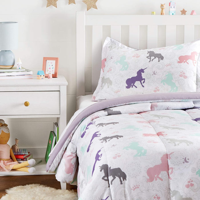 Amazon Basics 2 Piece Soft Microfiber Kid's Comforter and Pillow Sham Set, Twin, Dinosaurs, Animal Print