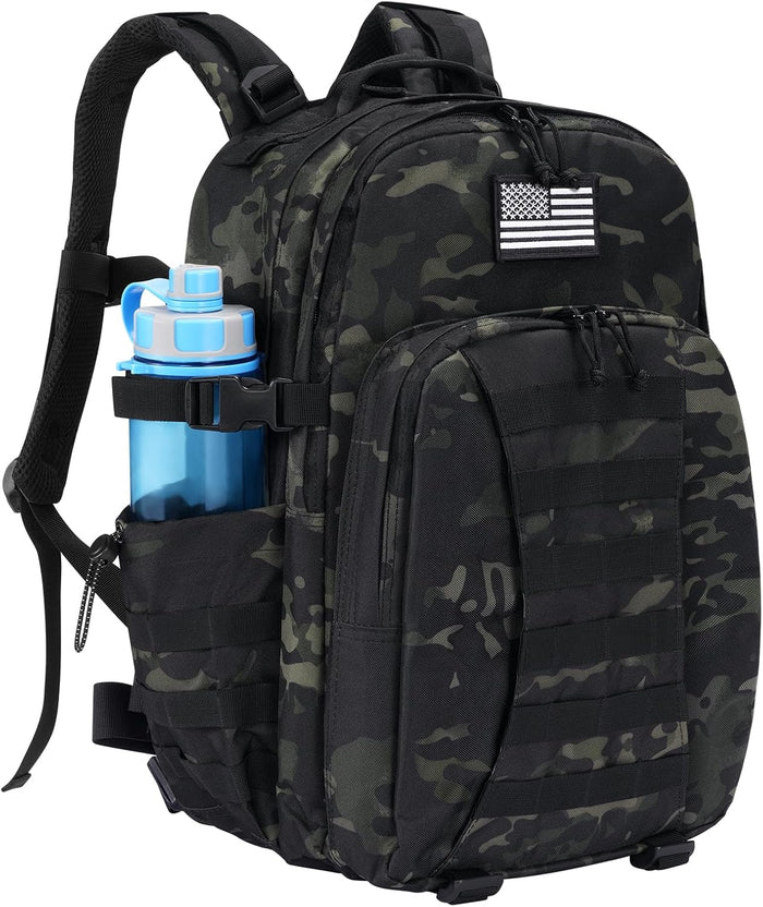 Tactical Backpack for Men, Military Army Rucksack 40L Large Molle Army Assault Pack with Bottle Holder, Day Pack Bug out Bag Survival Backpack for Hiking, Hunting, Travel, Camping, Black Camo