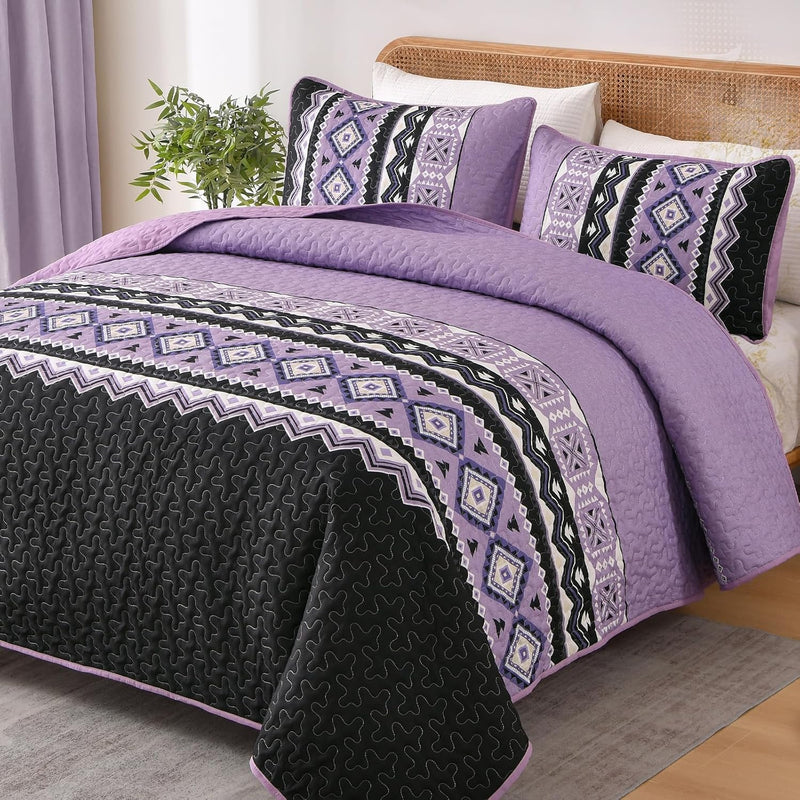 WONGS BEDDING 3 Pieces Quilt Set King Size, Pink Grey Quilt Bedspread Lightweight Bohemian Coverlet Set with 2 Pillowcase, Soft Geometry Printed Bedding Set King for All Season 104"×90"