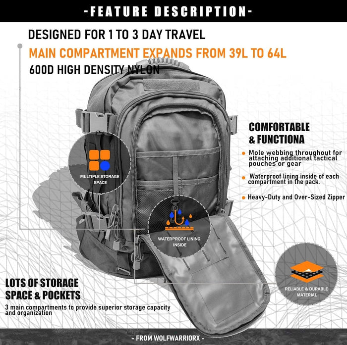 Tactical Backpack Military Army Daypack - Assault Pack for Men Molle Backpacks Bug Out Bag 3 Day Pack for Hiking Camping Travel Hunting Rucksack Trekking Grey