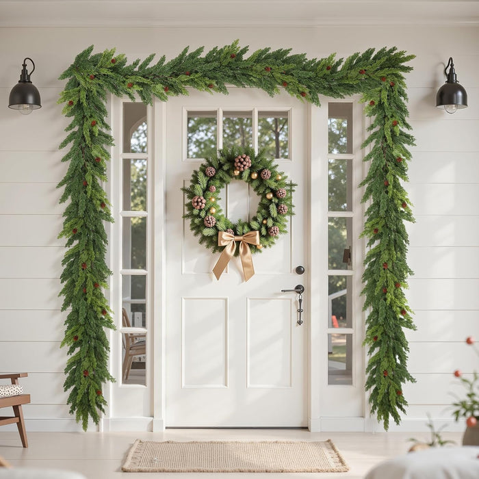 2PCS Christmas Garland, Cedar Garland -Realistic Greenery Cypress Pine Garland with Pinecone for Mantle Table Railing Fireplace Indoor & Outdoor Christmas Decoration