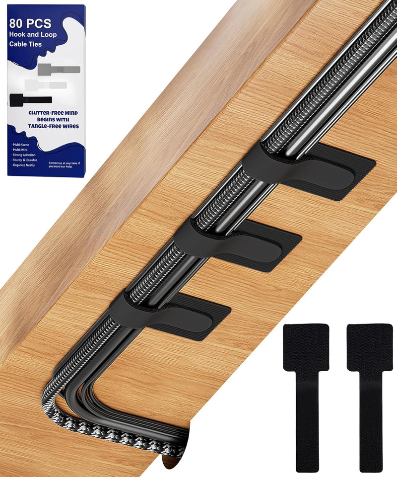 80PCS Hook and Loop Cable Ties, Hook and Loop Cable Straps, Under Desk Cable Management, Adhesive Cable Clips, Sticky-Back Cord Organizer for Desk, Household & Office Organization (White+Gray)