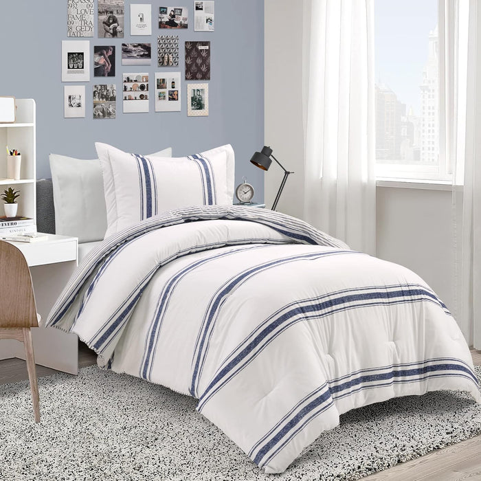 Lush Decor Farmhouse Stripe Reversible Cotton Comforter Set - 3 Piece Cozy Pinstripe Bedding Set - Classic Modern Rustic Charm Bedroom Decor - King, Dark Gray