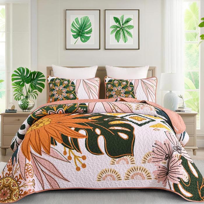 DJY Floral Quilt Set Queen Size Black Boho Bedspread Coverlet Set 3 Pieces, Botanical Quilt Lightweight Microfiber Farmhouse Floral Bohemian Bedding Set with 2 Pillow Shams for All Season (96''x90'')