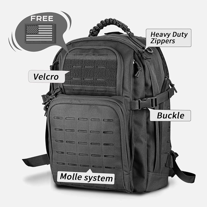 Military Backpack, Large 3 Day Tactical Backpack for Men Work Camping Army Molle Assault Pack Utility Bug Out Bag 45L Black