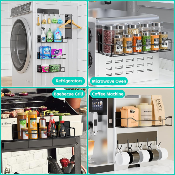 5 Pack Multifunctional Magnetic Shelves for Refrigerator Spice Rack & Washing Machine Organize, Include Towel Rack, Kitchen Utensil Hanger and Hooks, Strong Magnet for Secure Hold (Line style, Black)