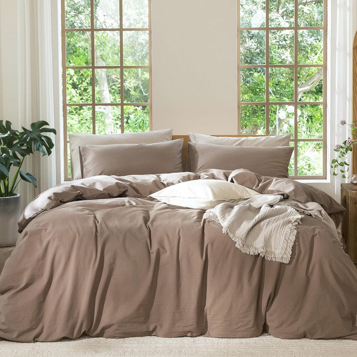 MooMee Bedding Duvet Cover Set 100% Washed Cotton Linen Like Textured Breathable Durable Soft Comfy (Heathered Green, Oversized Queen 98"x98")