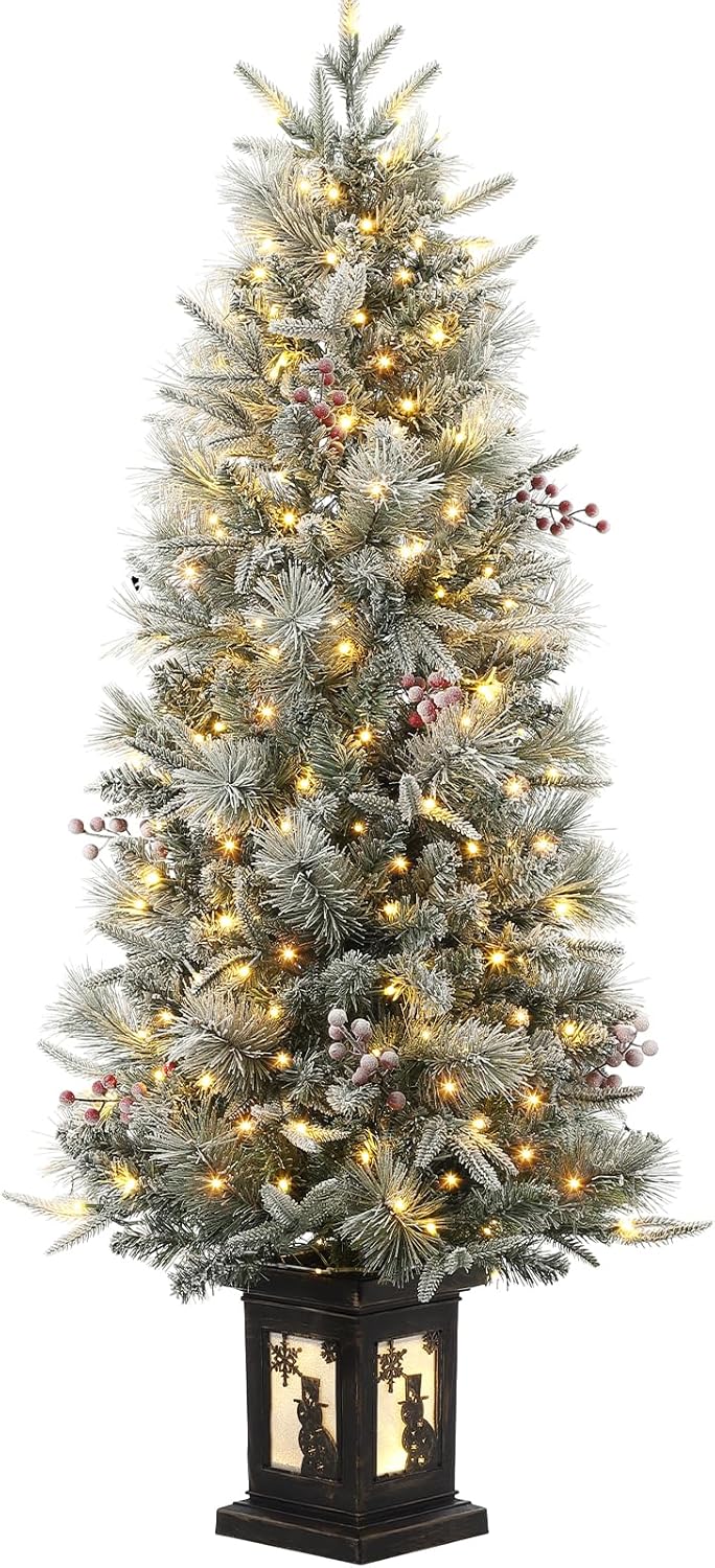 4.5 Ft Artificial Fiber Optic Christmas Tree, Pre-Lit Artificial Potted Xmas Tree with 300 Led Lights, 8 Lighting Modes, Includes Antique Urn Base, 1 PCS