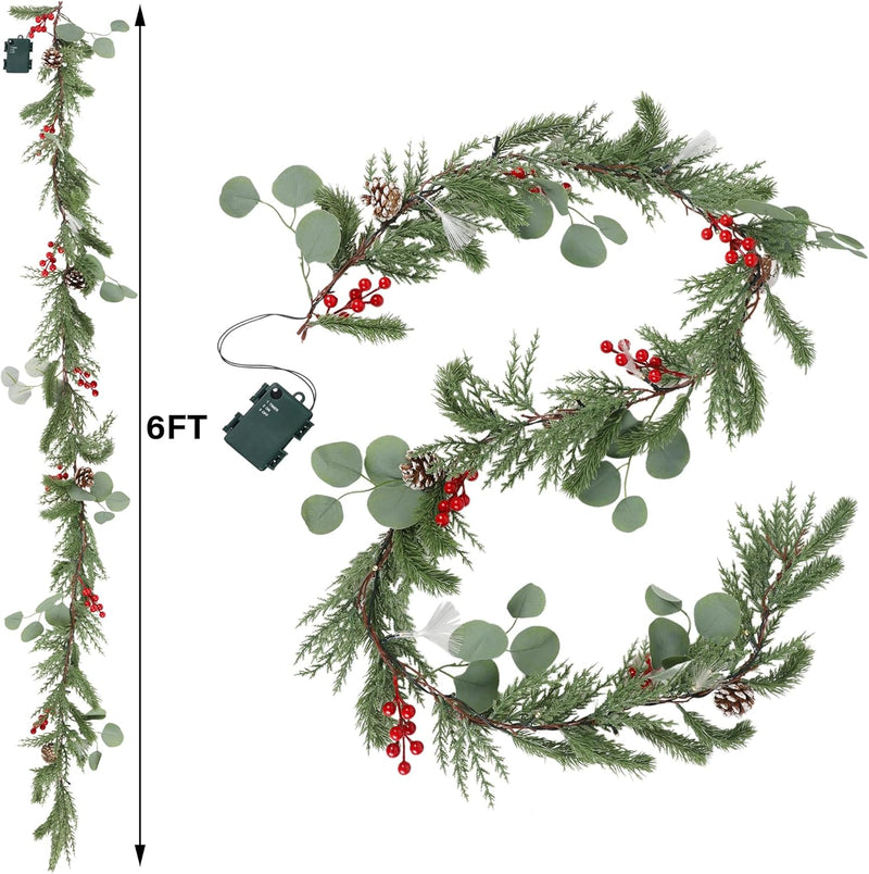 DR.DUDU Christmas Garland Decorations, 6FT Garlands with Lights Timer Indoor Decoration Pre-Lit Green Garland with Pine Cones Red Berry for Mantle Outdoor Fireplace Stairs Holiday Winter Décor