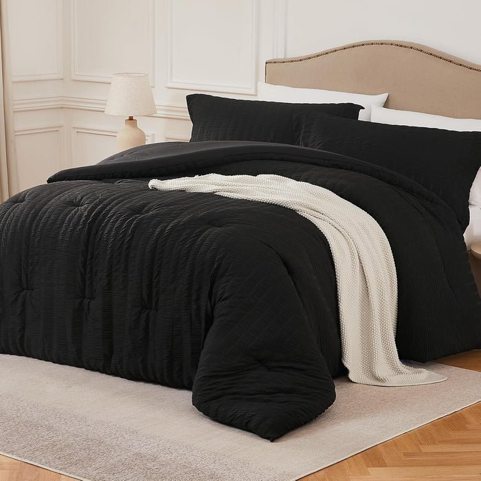 White Queen Comforter Set - 3 Pieces Seersucker Lightweight Bedding Comforter Sets (1 Soft Fluffy Comforter & 2 Pillowcases) - All Seasons Cozy Modern Bed Sets