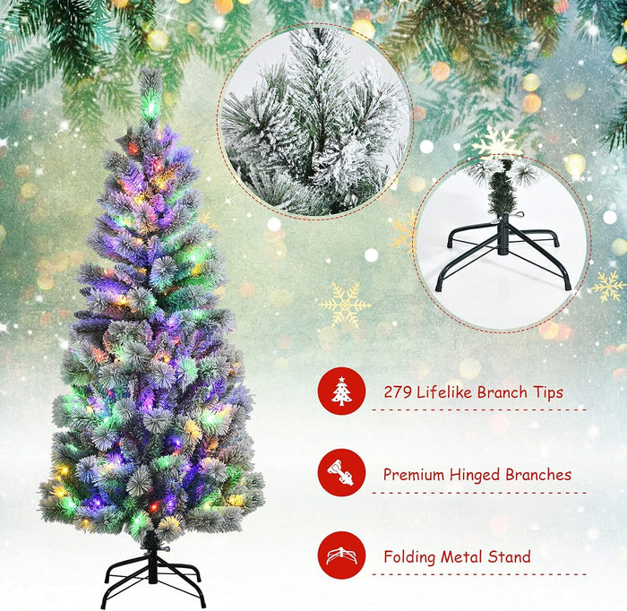 DORTALA Pre-lit Christmas Tree, 5FT Snow Flocked Pine Artificial Xmas Tree with Remote Control, 279 Branch Tips, 140 LED Lights, 9 Lighting Modes, Foldable Metal Stand, White
