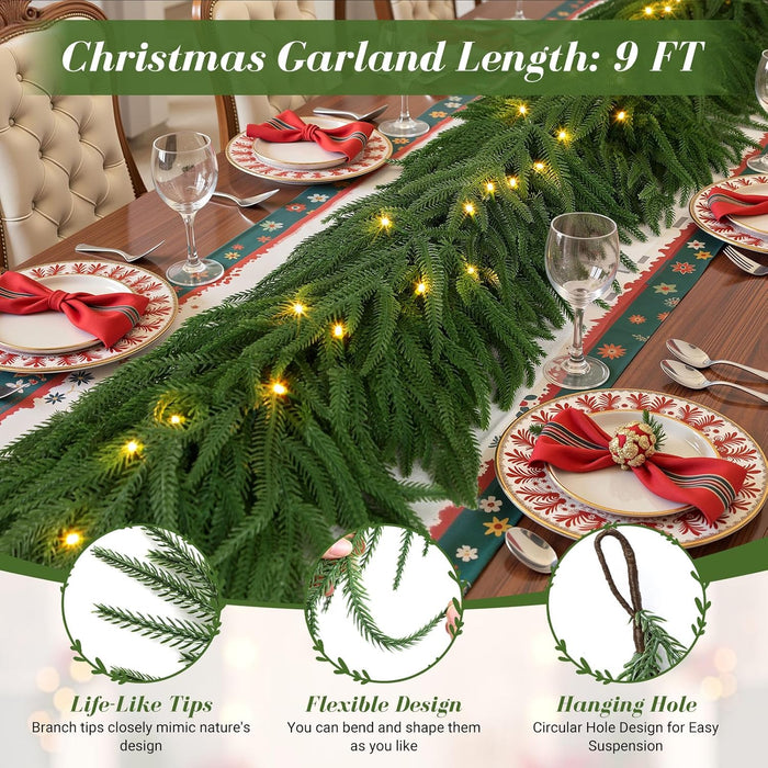 9ft Artificial Christmas Garland with Lights, Real Touch Norfolk Pine Garland - Pine Garlands, Green Christmas Garland for Mantle, Table, Fireplace, Indoor, Outdoor Christmas Decorations