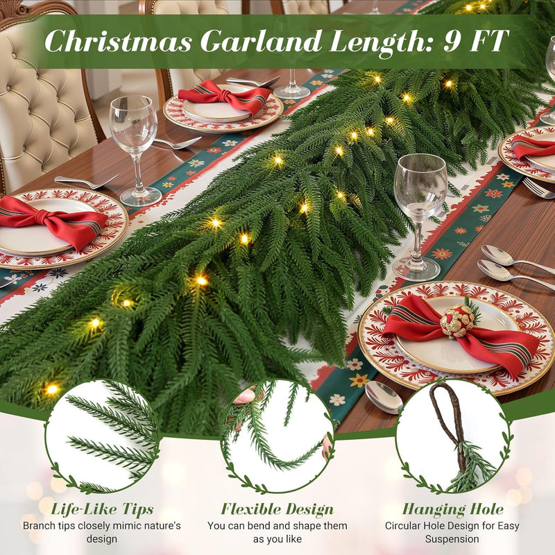 9ft Artificial Christmas Garland with Lights, Real Touch Norfolk Pine Garland - Pine Garlands, Green Christmas Garland for Mantle, Table, Fireplace, Indoor, Outdoor Christmas Decorations