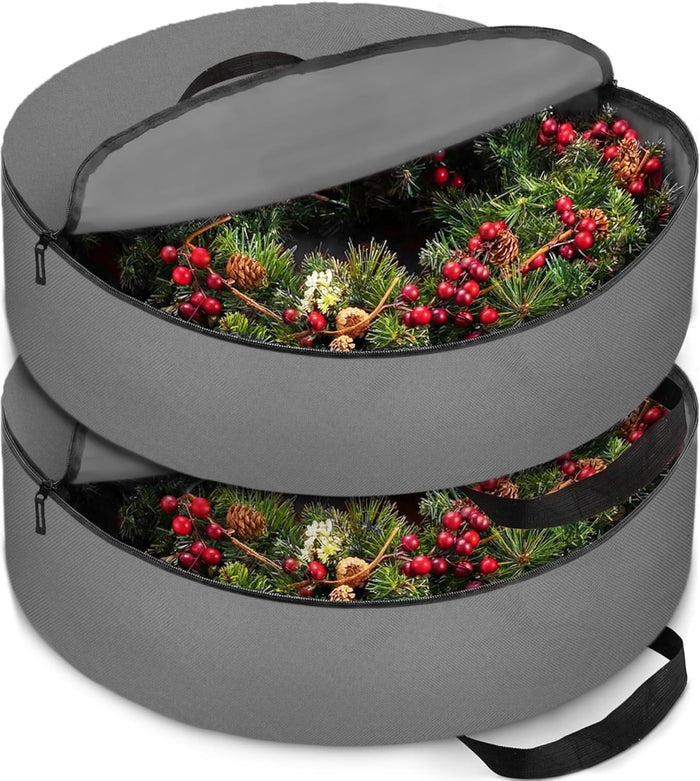 ZOBER 2 Pack Oxford Christmas Wreath Storage Container 30 Inch - Wreath Bag for Artificial Wreaths Box - Waterproof Fabric, Dual Zippered Wreaths Storage Bag With Strong Durable Handles - Red