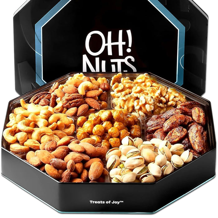 Oh! Nuts 7 Section Nuts Gift Basket - Gourmet Assorted Nut Gifts Baskets - Healthy Nuts Gift Round Metal Tin Box - Premium Food Gift for Birthday, Holiday, Movie Night, Corporate, Men & Women