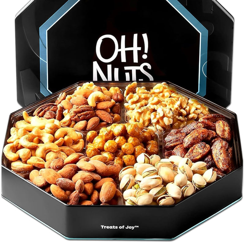 Oh! Nuts 7 Section Nuts Gift Basket - Gourmet Assorted Macadamia Nut Gifts Baskets - Healthy Nuts Gift Hexagon Metal Tin Box - Premium Food Gift for Holiday, Movie Night, Corporate, Men & Women