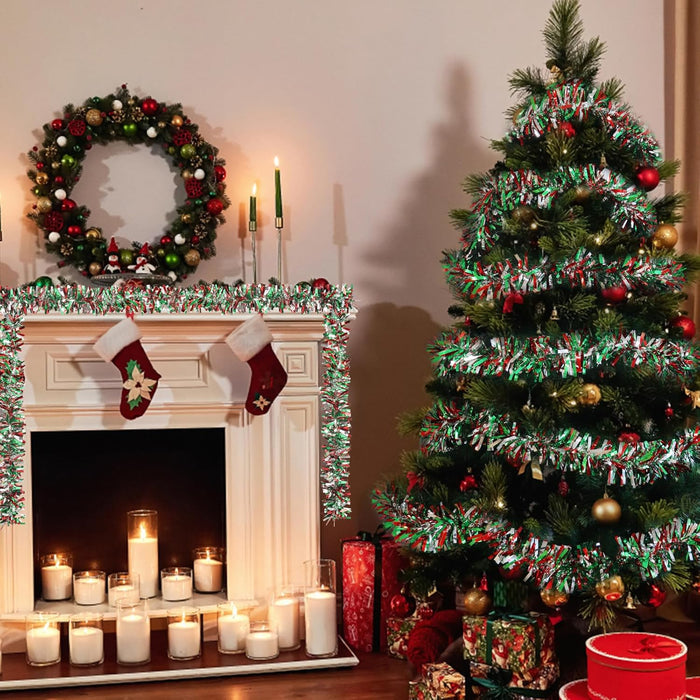 CCINEE 32.8 Feet Christmas Tinsel Garland,Metallic Tinsel Twist Garland Shiny Hanging Decoration for Party Supplies Xmas Tree Home Stairs Indoor Outdoor Decor(Red Green Sliver)