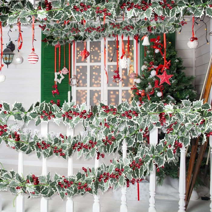 Whaline 2Pcs Christmas Artificial Garlands, 15.7Ft Xmas Berry Holly Leaves Garland Faux Greenery Garlands Winter Snowy Red Berries Hanging Vine for Wedding Party Home Decoration