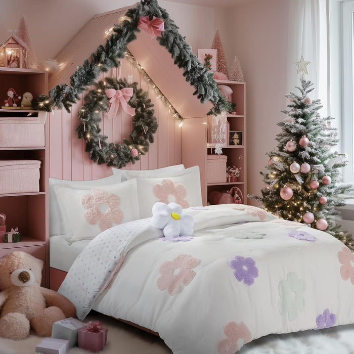 Intelligent Design Kids Full Comforter Set for Girls, Tufted Chenille Floral Comforter Set Queen, Lightweight Polka Dot Reversible Bed Set, Shams, Pillow, Gracie, Full/Queen White/Purple 4 Piece