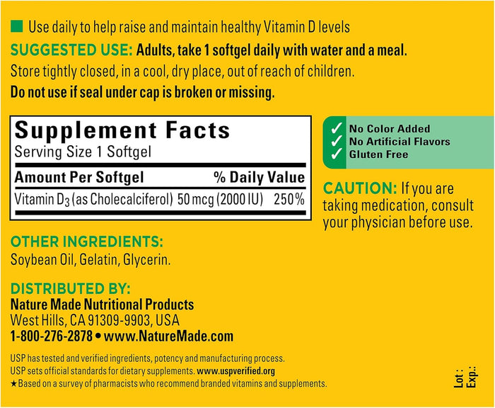 Nature Made Vitamin D3 2000 IU (50 mcg), Vitamin D Supplement for Bone, Teeth, Muscle and Immune Health Support, 250 Softgels, 250 Day Supply