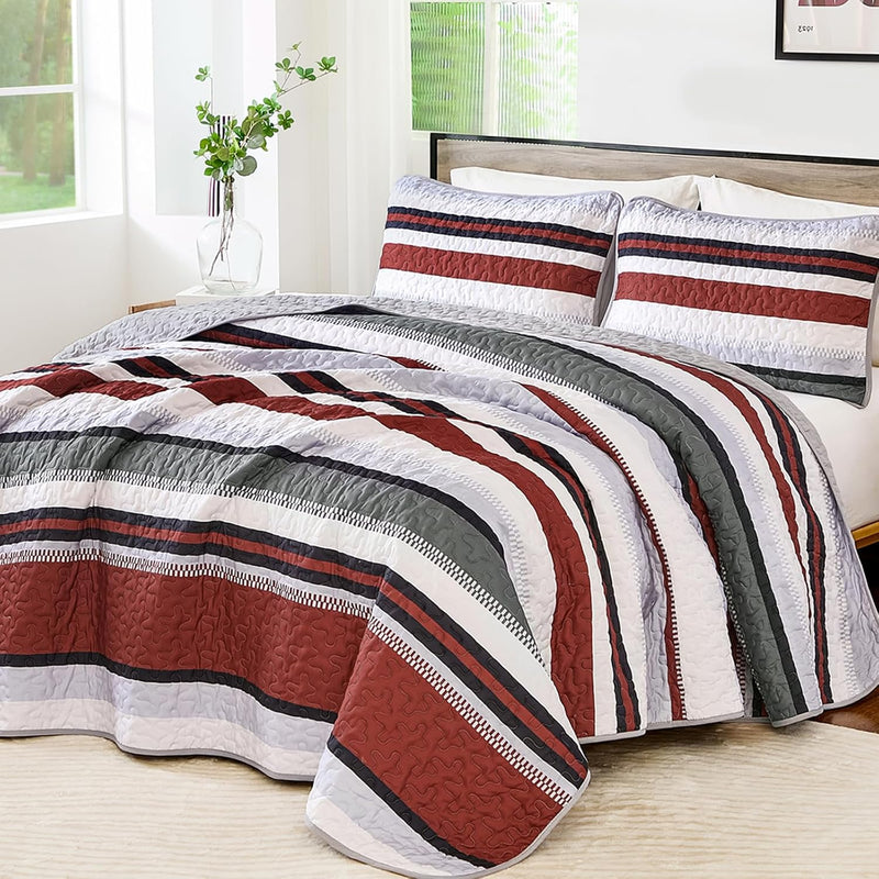 WONGS BEDDING Orange Queen Quilt, Striped Quilts Bedspread Set with Shams, Halloween Fall Coverlet Bedding Set for Bed 96"×90"
